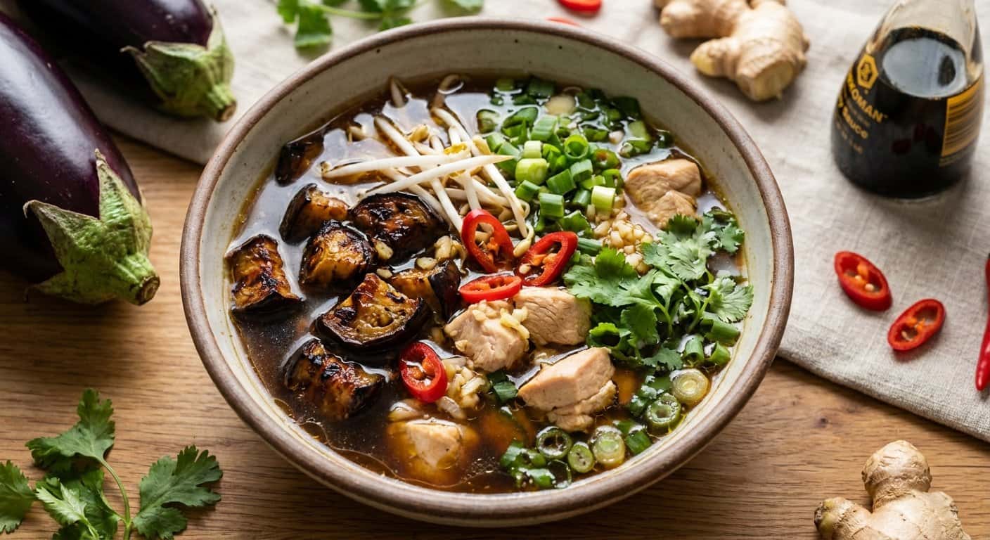 Sopa de Pollo Asiática con Berenjena Asada