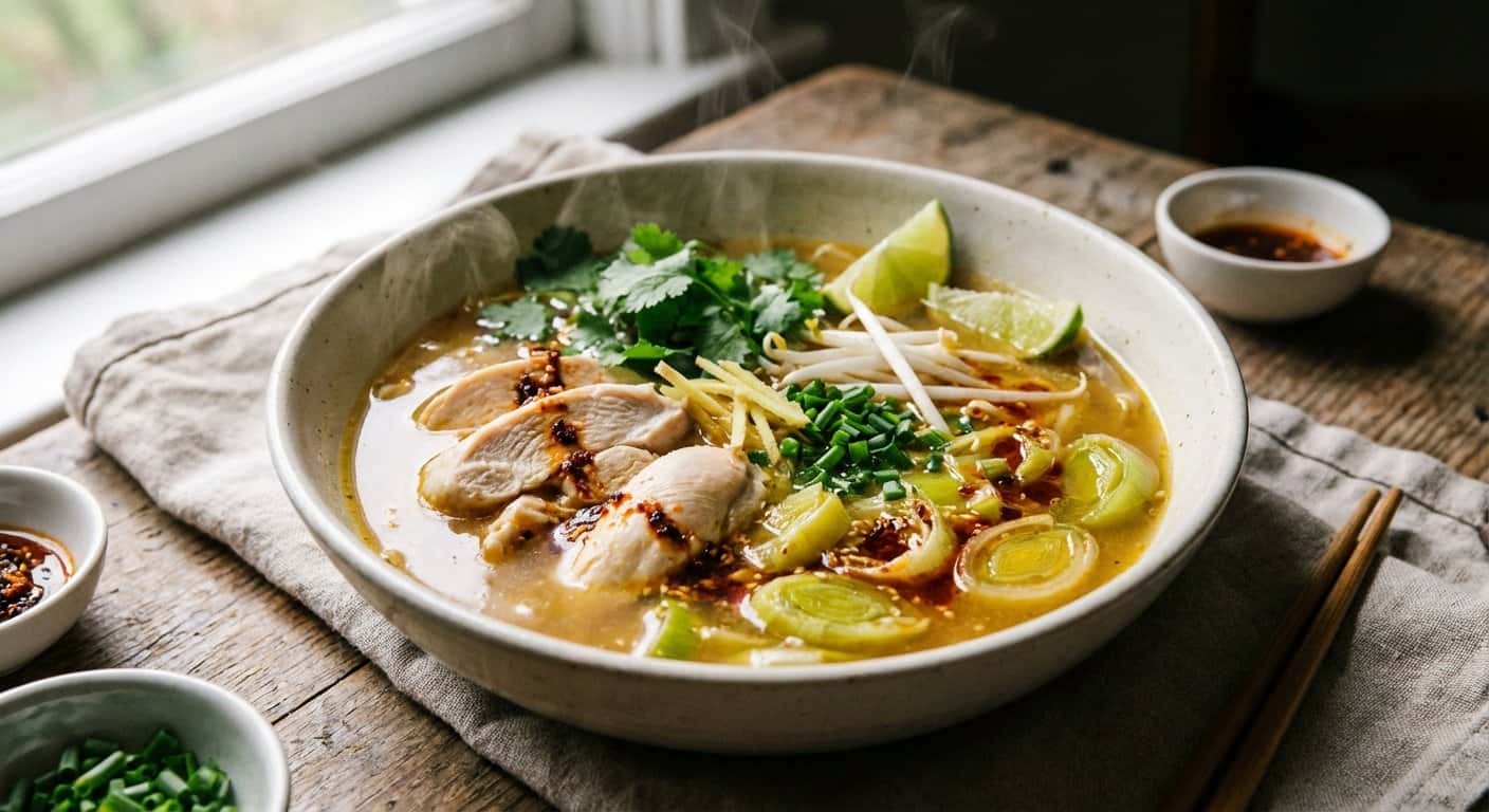 Sopa de Pollo Asiática con Puerro