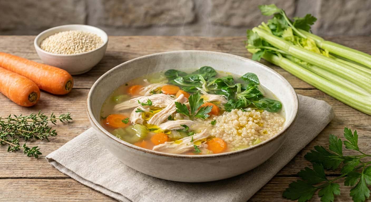 Sopa de Pollo con Canónigos y Quinoa