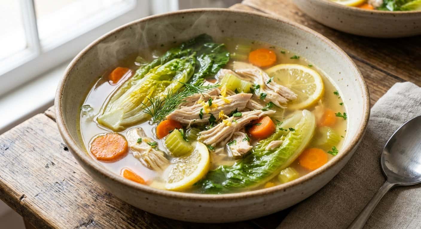 Sopa de Pollo con Lechuga Romana y Limón