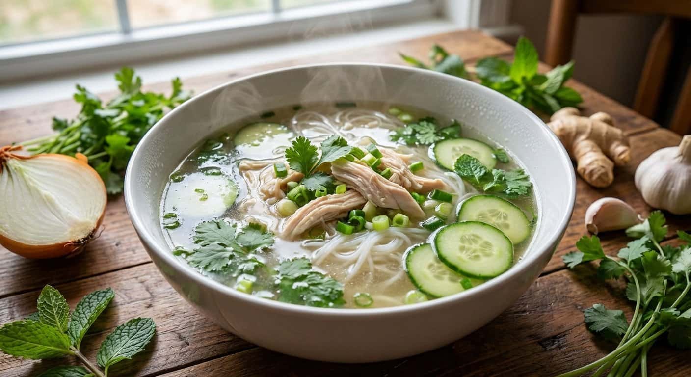 Sopa de Pollo con Pepino y Fideos de Arroz