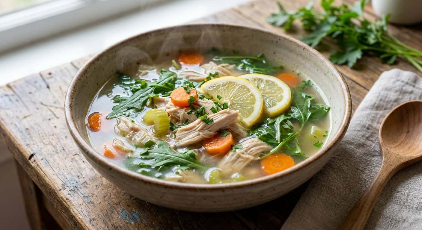 Sopa de pollo con rúcula y limón
