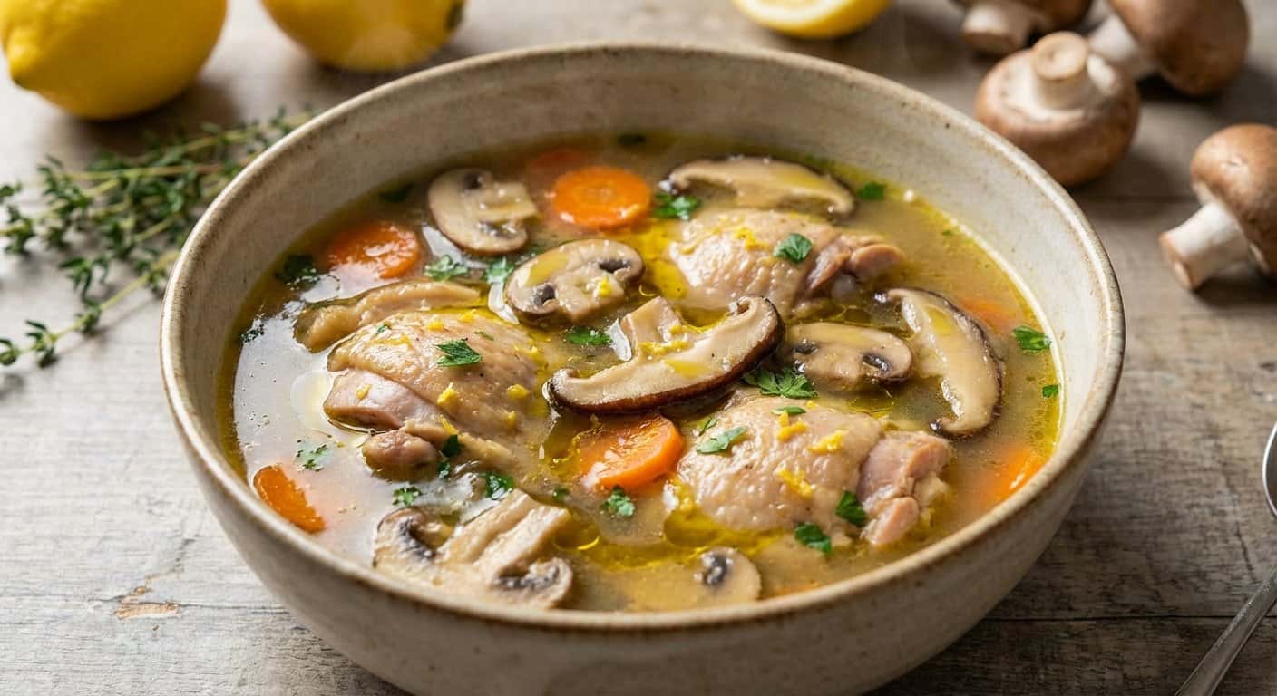 Sopa de Pollo con Setas y Limón