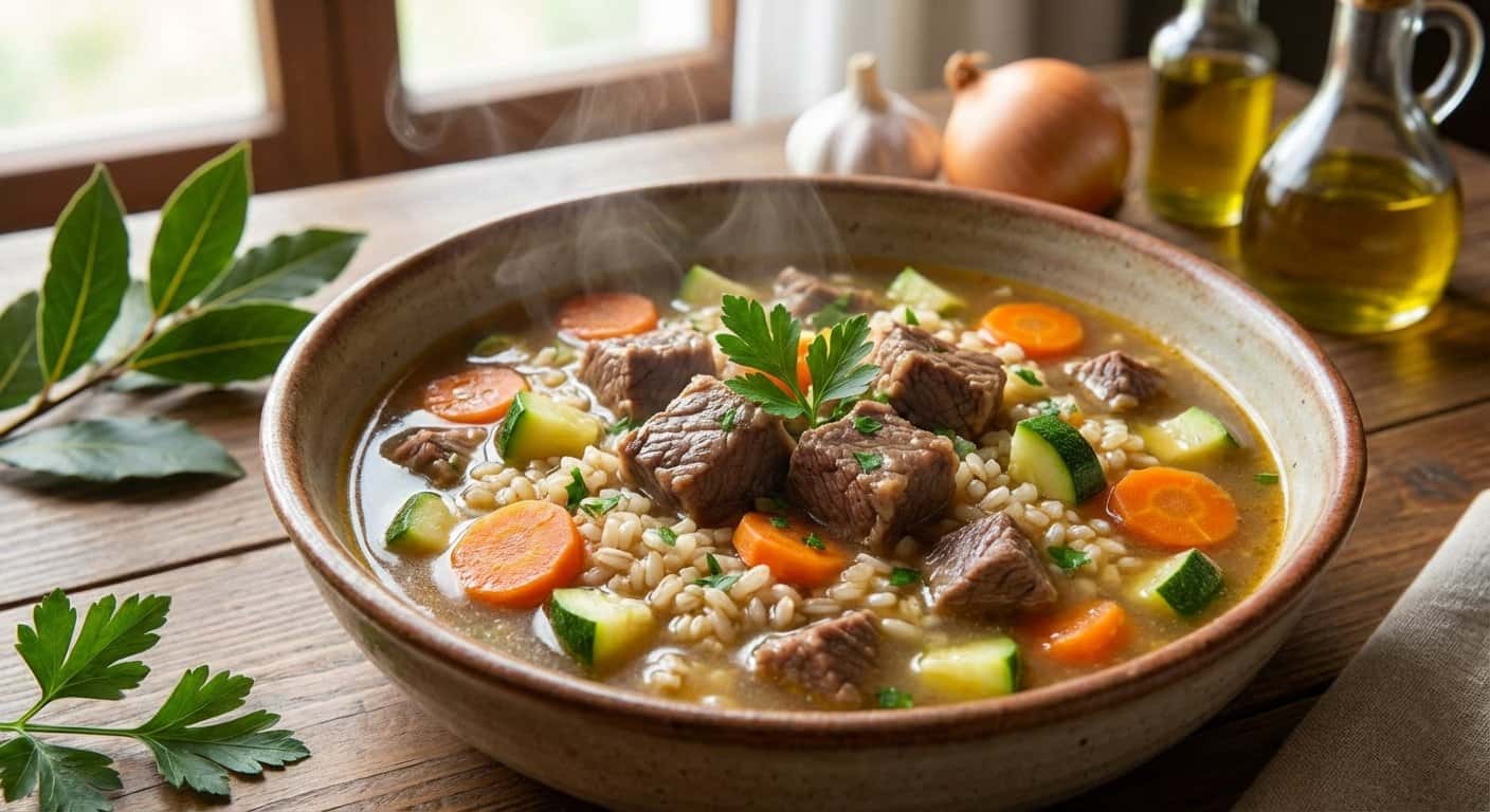 Sopa de Ternera con Calabacín y Arroz Integral