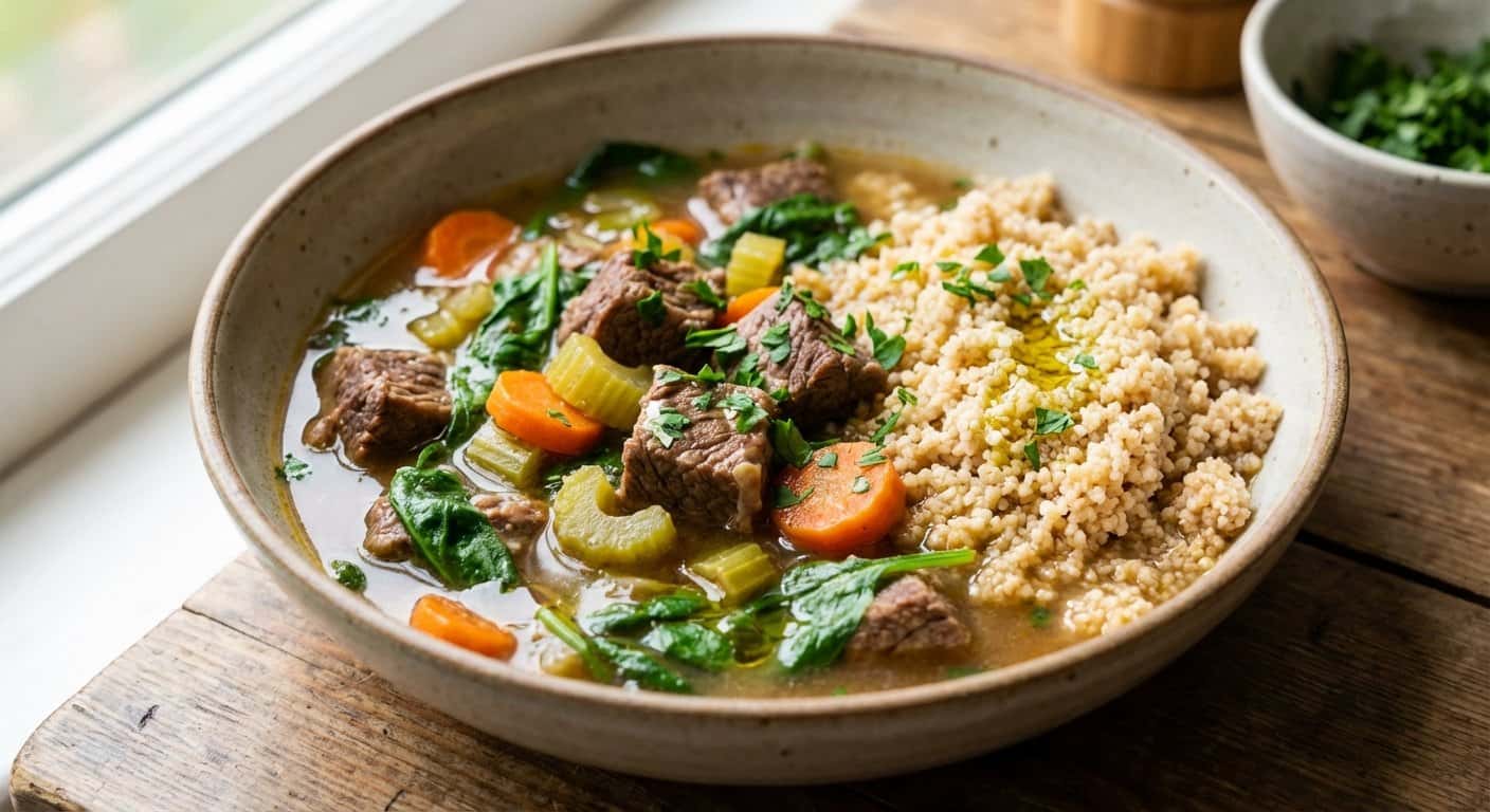 Sopa de Ternera con Espinacas y Cuscús Integral