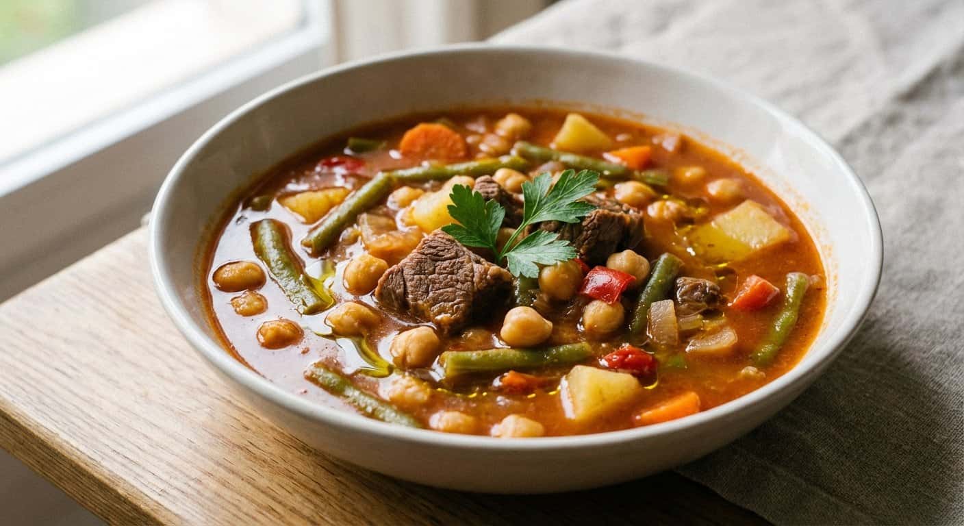 Sopa de Ternera con Judías Verdes y Garbanzos