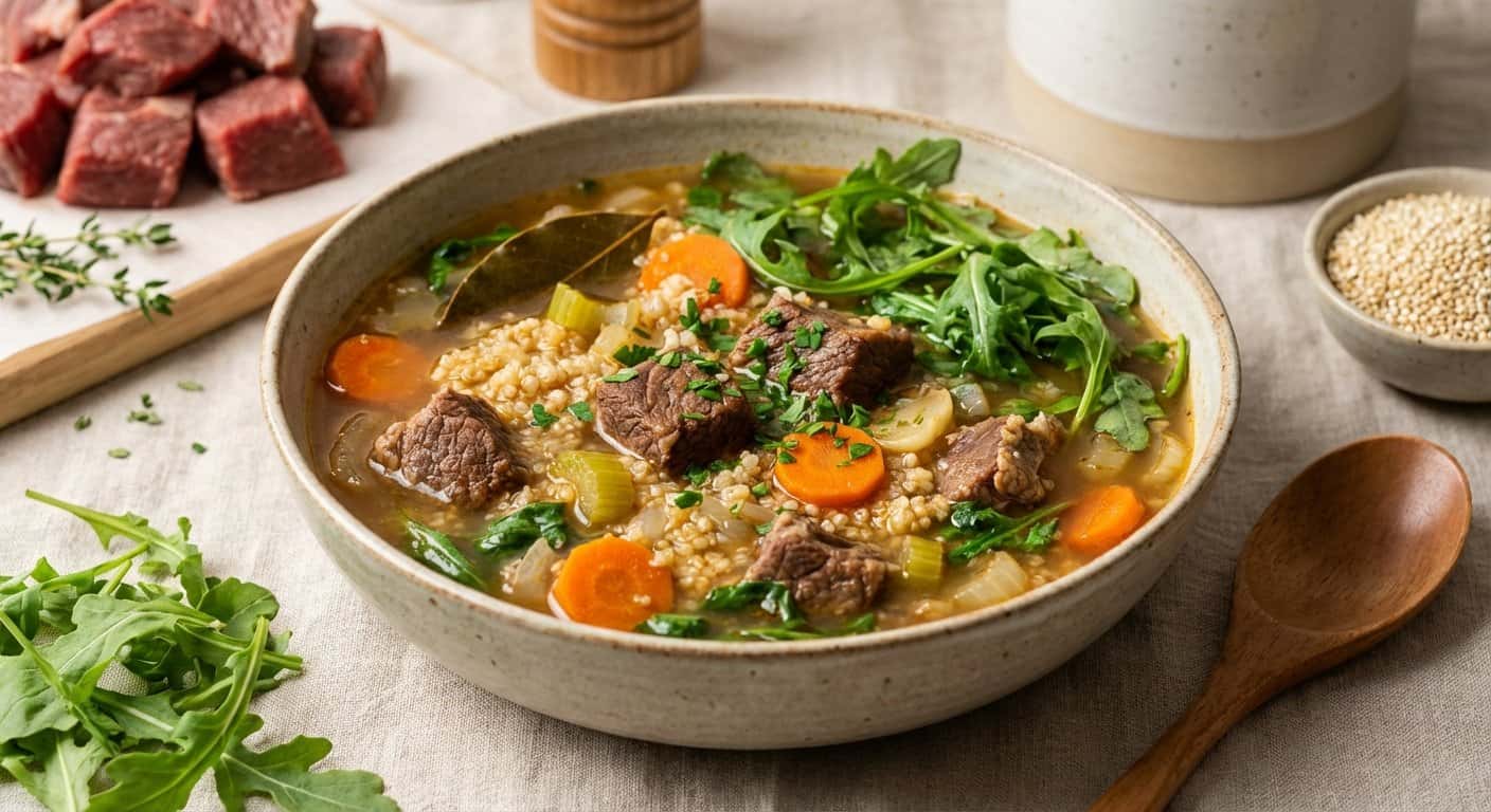 Sopa de Ternera con Rúcula y Quinoa