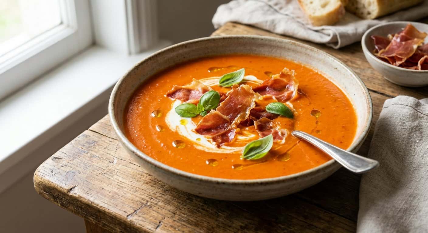 Sopa de Tomate y Pimiento Rojo con Crujiente de Jamón