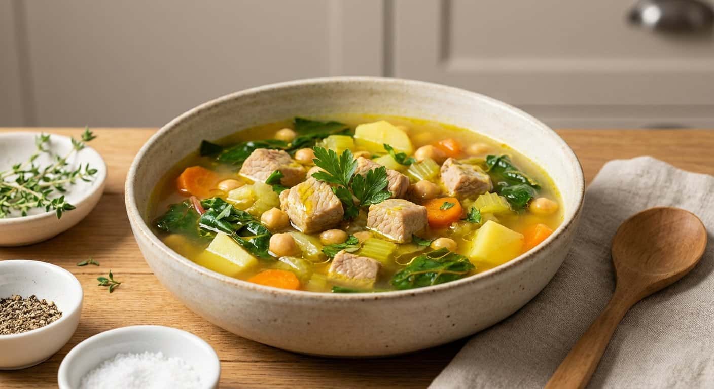 Sopa Ligera de Cerdo con Acelgas y Cúrcuma