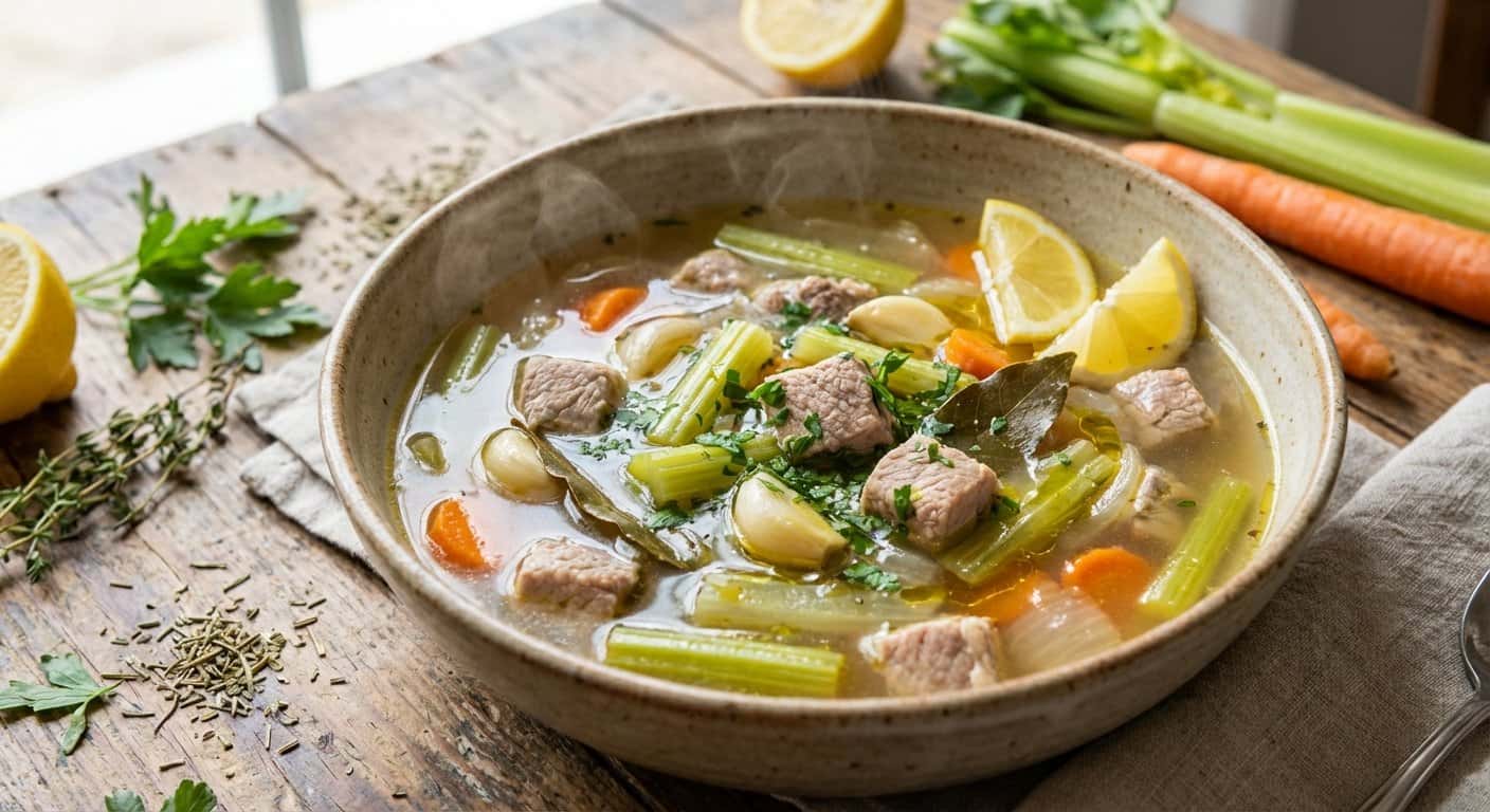 Sopa Ligera de Cerdo con Apio y Mezcla Mediterránea
