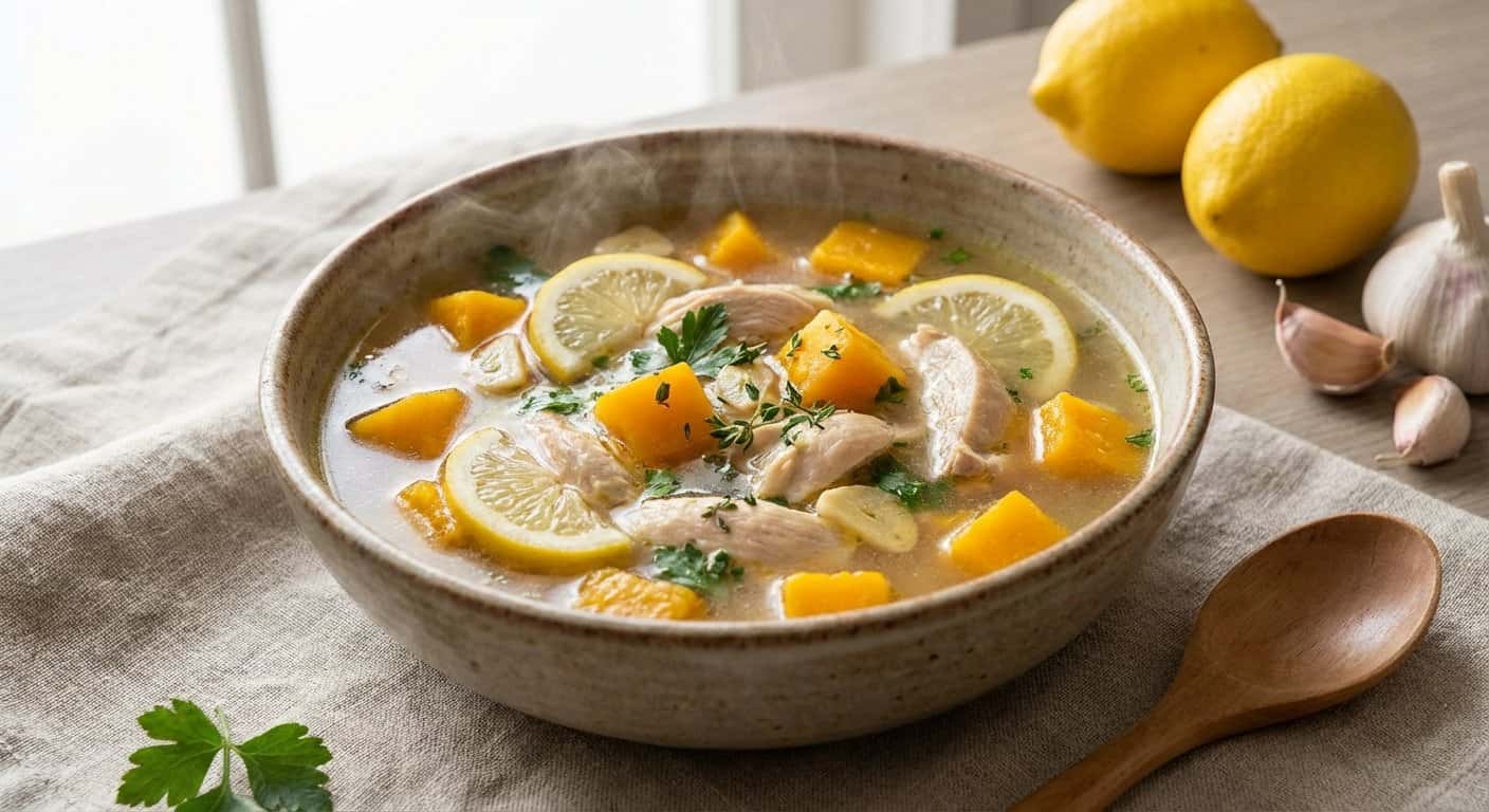 Sopa Ligera de Pollo con Calabaza, Ajo y Limón