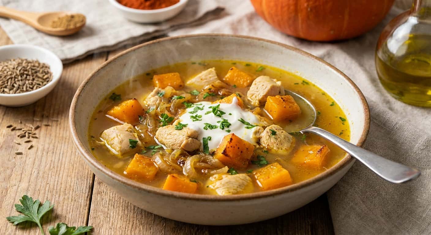 Sopa Ligera de Pollo con Calabaza y Comino