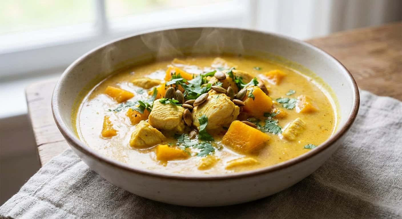 Sopa Ligera de Pollo con Calabaza y Curry Suave