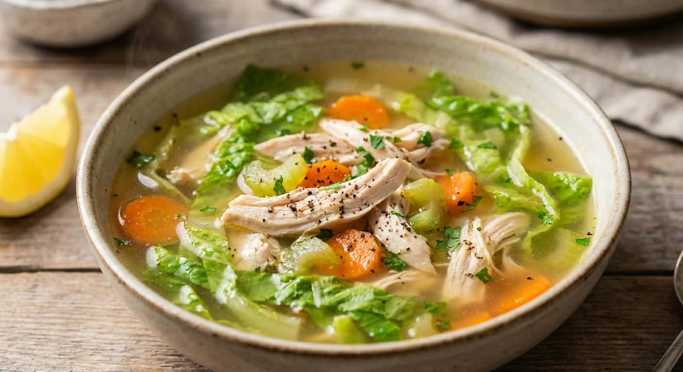 Sopa Ligera de Pollo con Lechuga Romana y Pimienta Negra