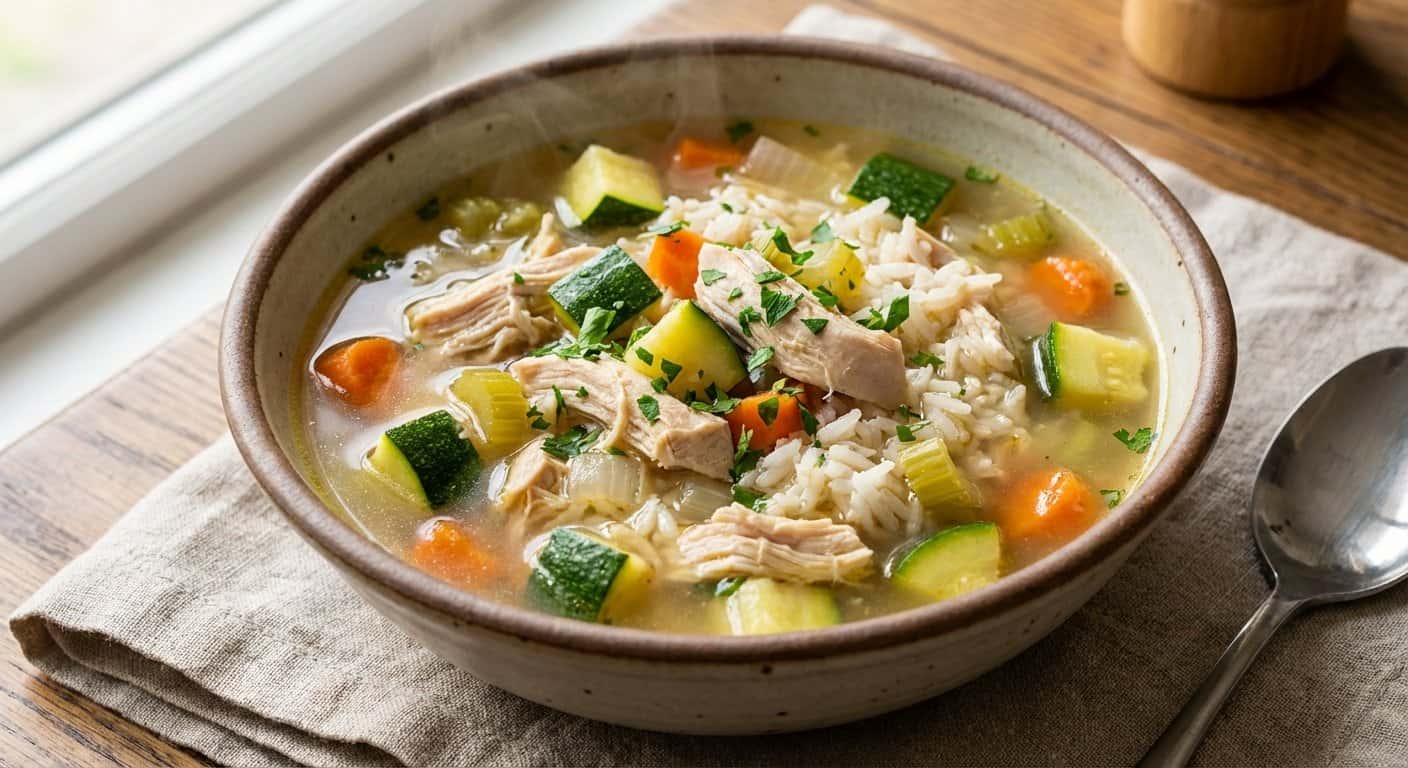 Sopa Reconfortante de Pollo con Calabacín y Arroz Basmati