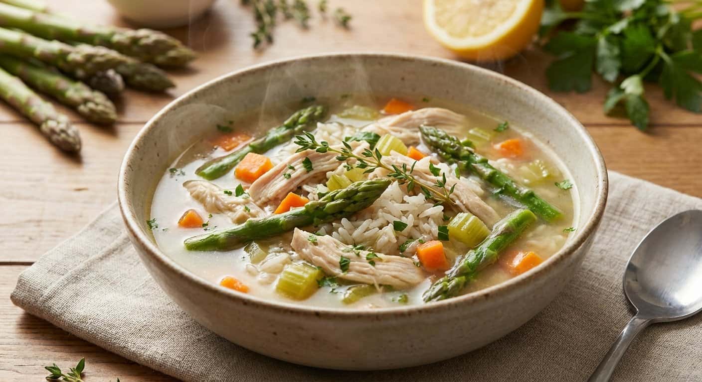 Sopa reconfortante de pollo con espárragos y arroz basmati