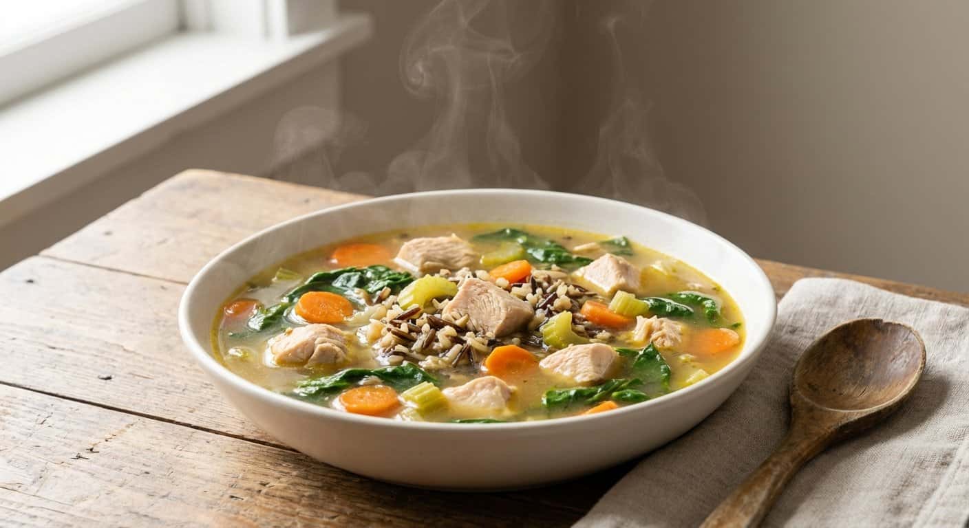 Sopa reconfortante de pollo con espinacas y arroz salvaje