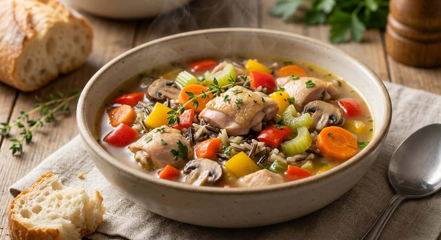 Sopa Reconfortante de Pollo con Pimientos y Arroz Salvaje