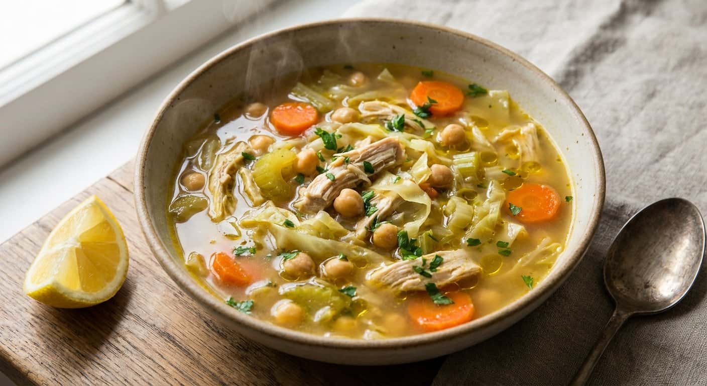 Sopa Reconfortante de Pollo con Repollo y Garbanzos