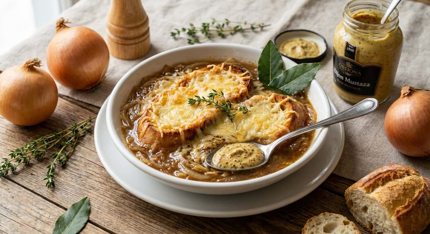 Soupe à l'oignon parisino con mostaza
