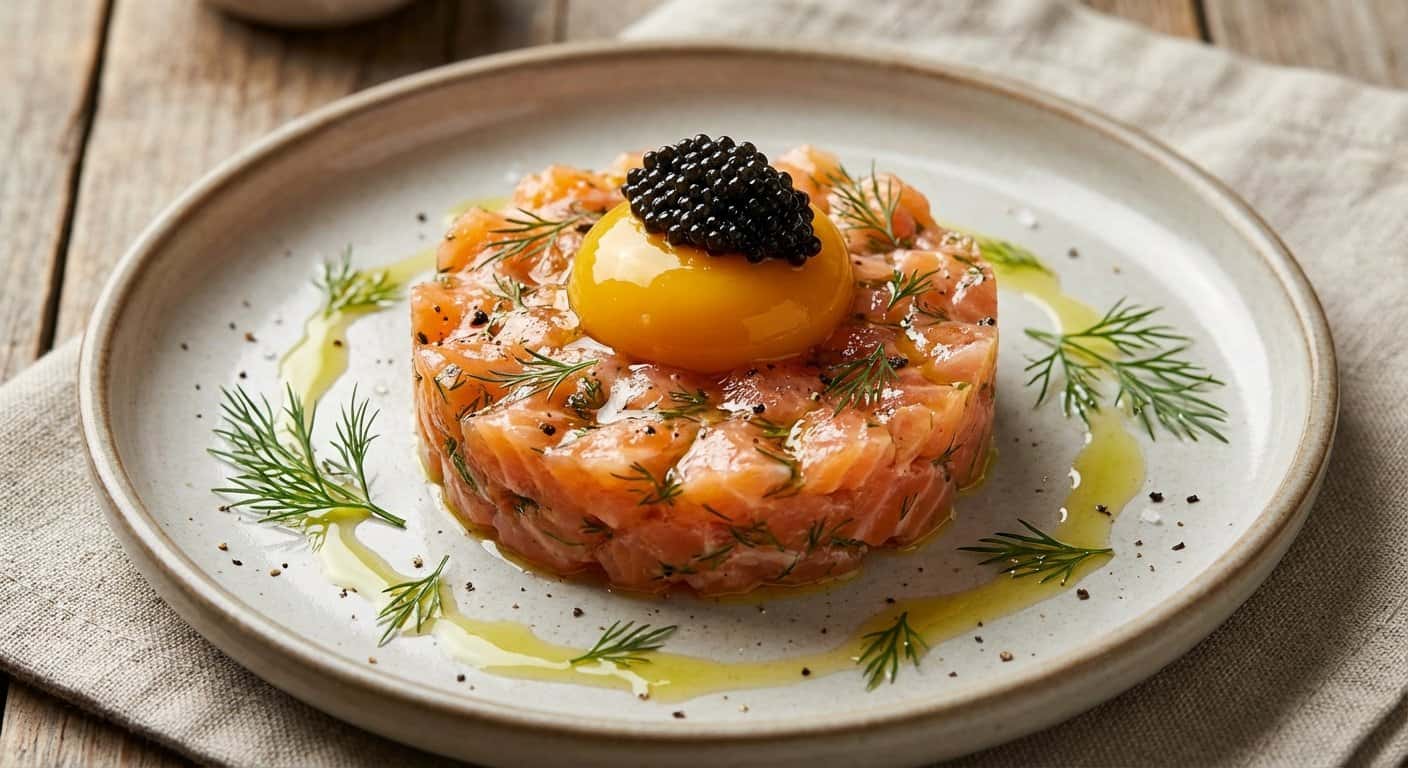 Tartar de Salmón con Yema Curada y Caviar Negro