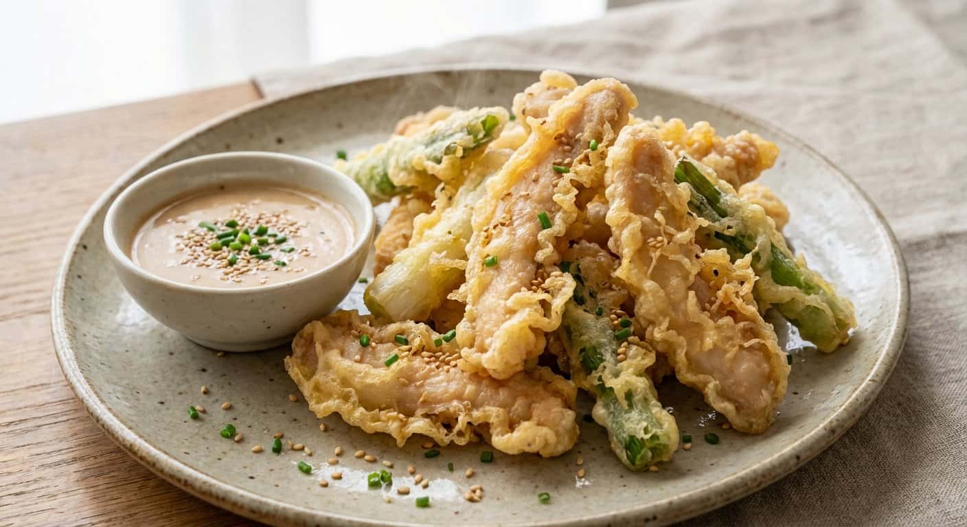 Tempura de Cebolla Tierna y Pollo con Salsa de Sésamo