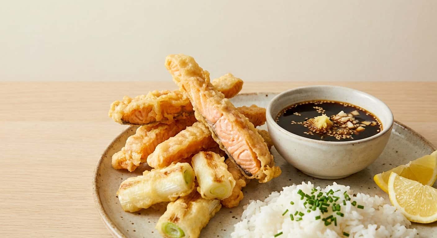 Tempura de Cebolla Tierna y Salmón con Salsa de Soja