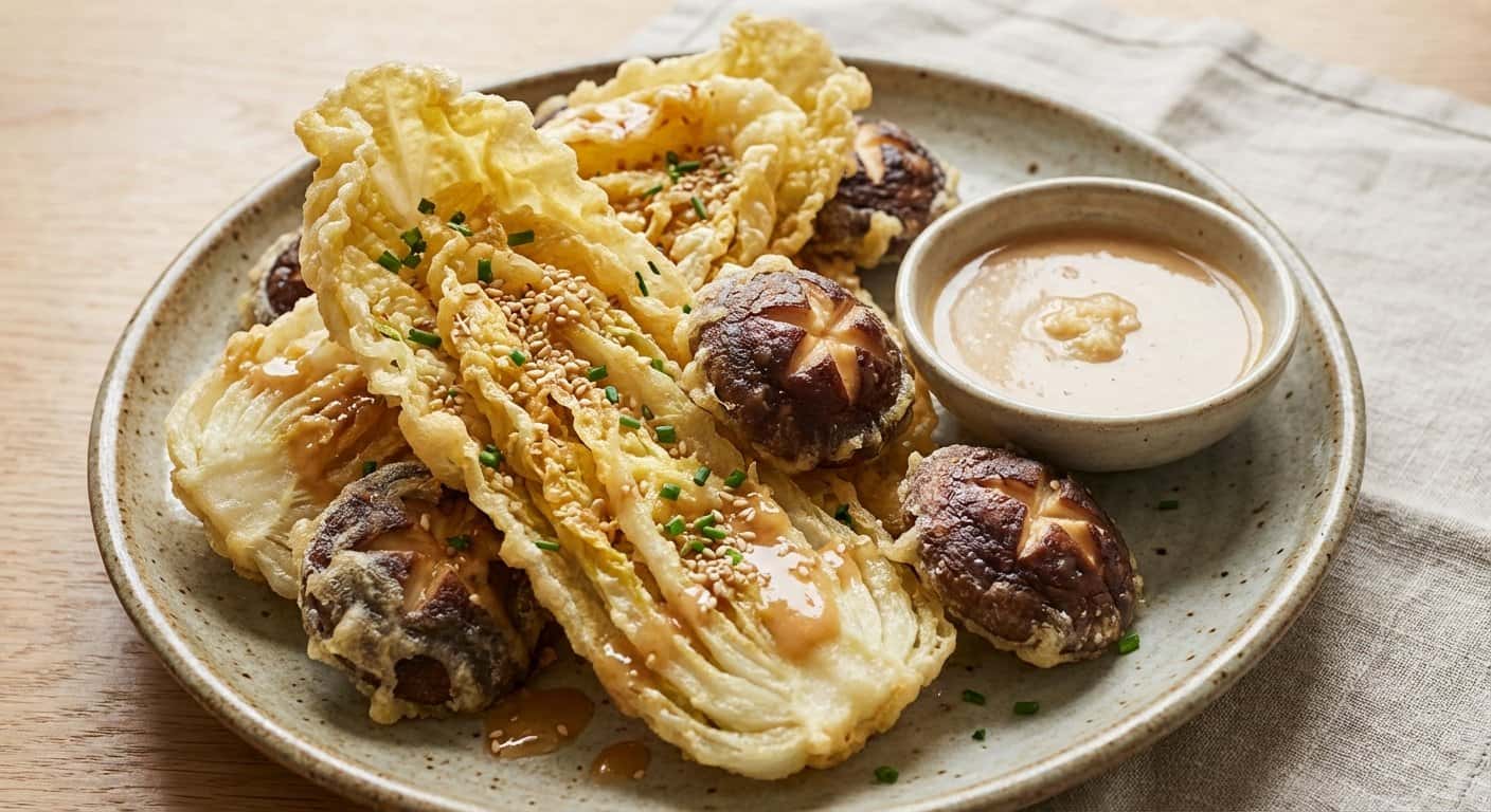 Tempura de col china y setas shiitake con salsa de miso