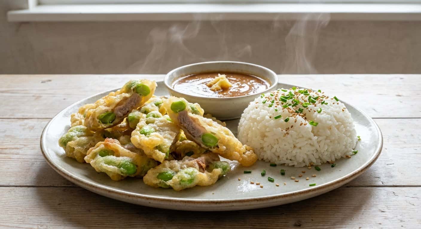 Tempura de Edamame y Cerdo con Salsa de Miso