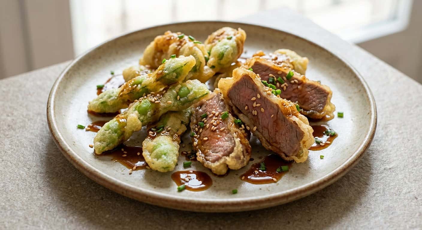 Tempura de edamame y ternera con salsa tare