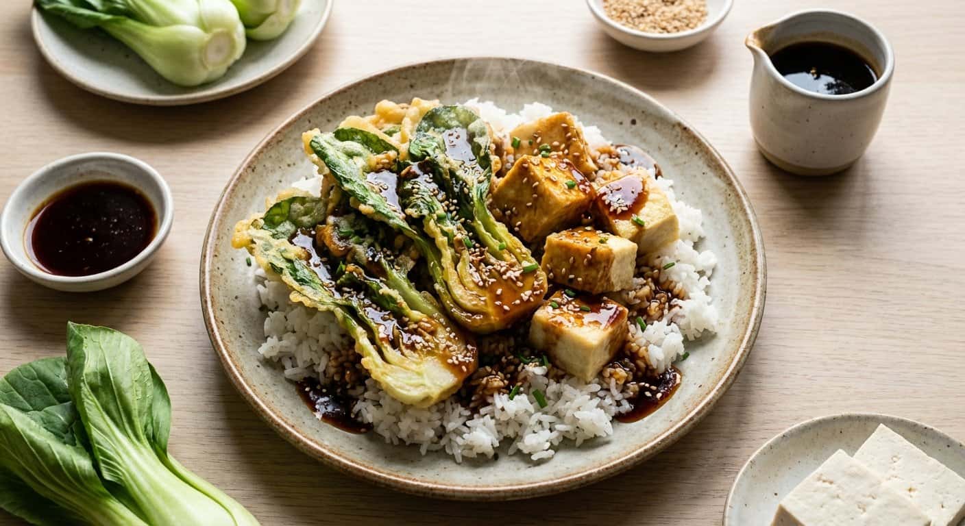 Tempura de Pak Choi y Tofu con Salsa Teriyaki
