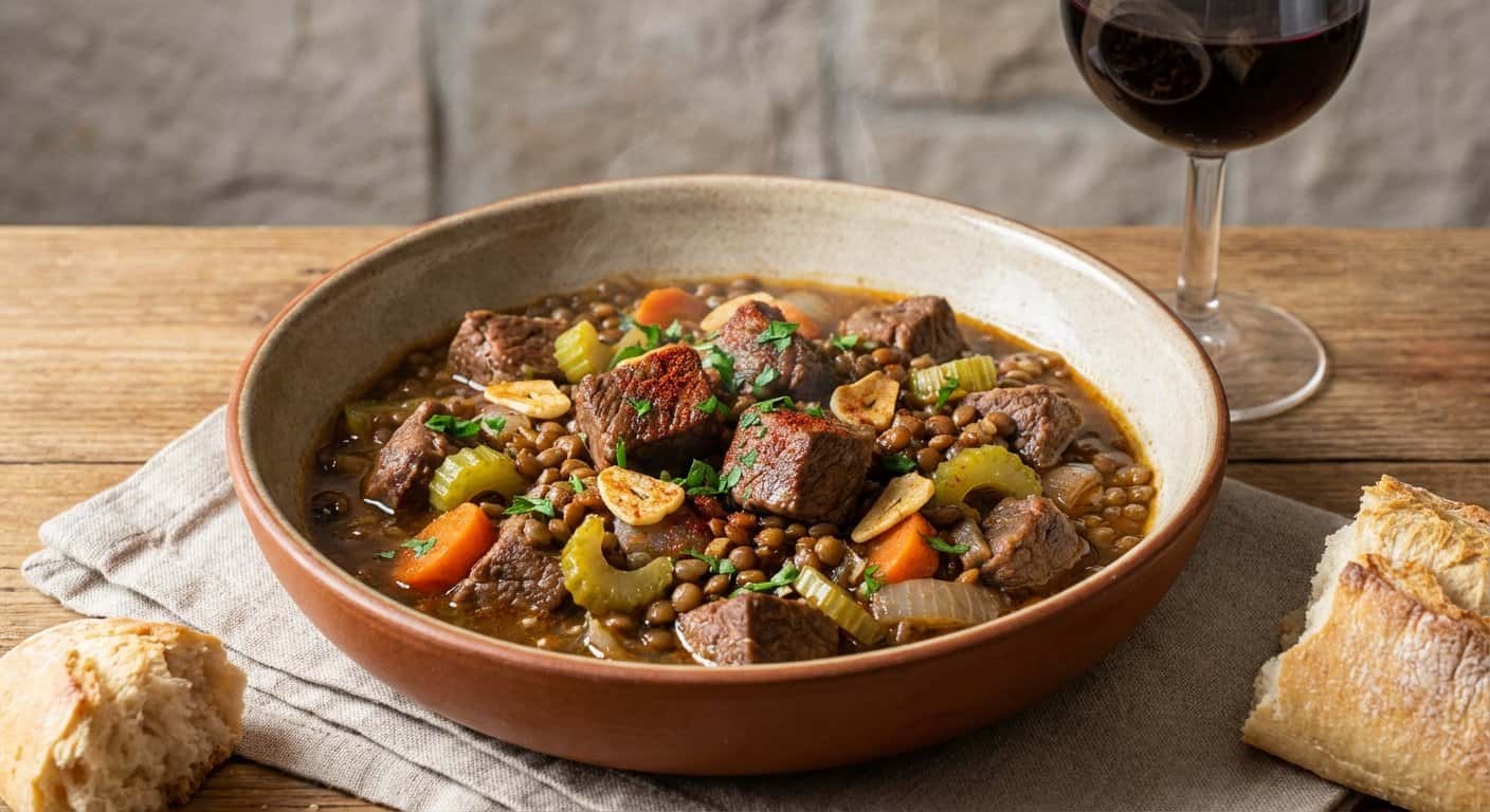 Ternera al Ajillo con Apio y Lentejas