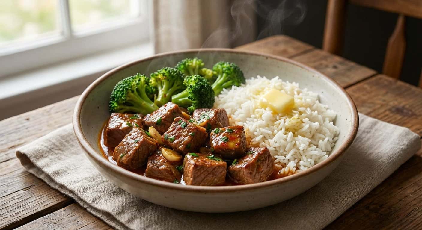 Ternera al Ajillo con Brócoli y Arroz Basmati