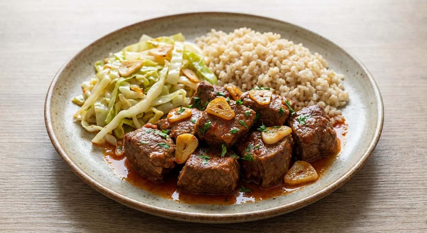 Ternera al Ajillo con Repollo y Arroz Integral