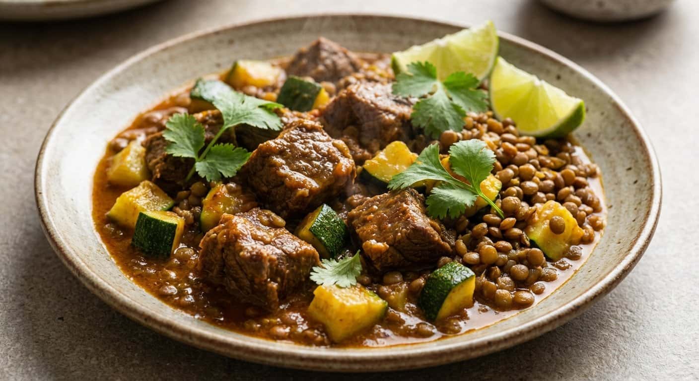 Ternera al Curry con Calabacín y Lentejas