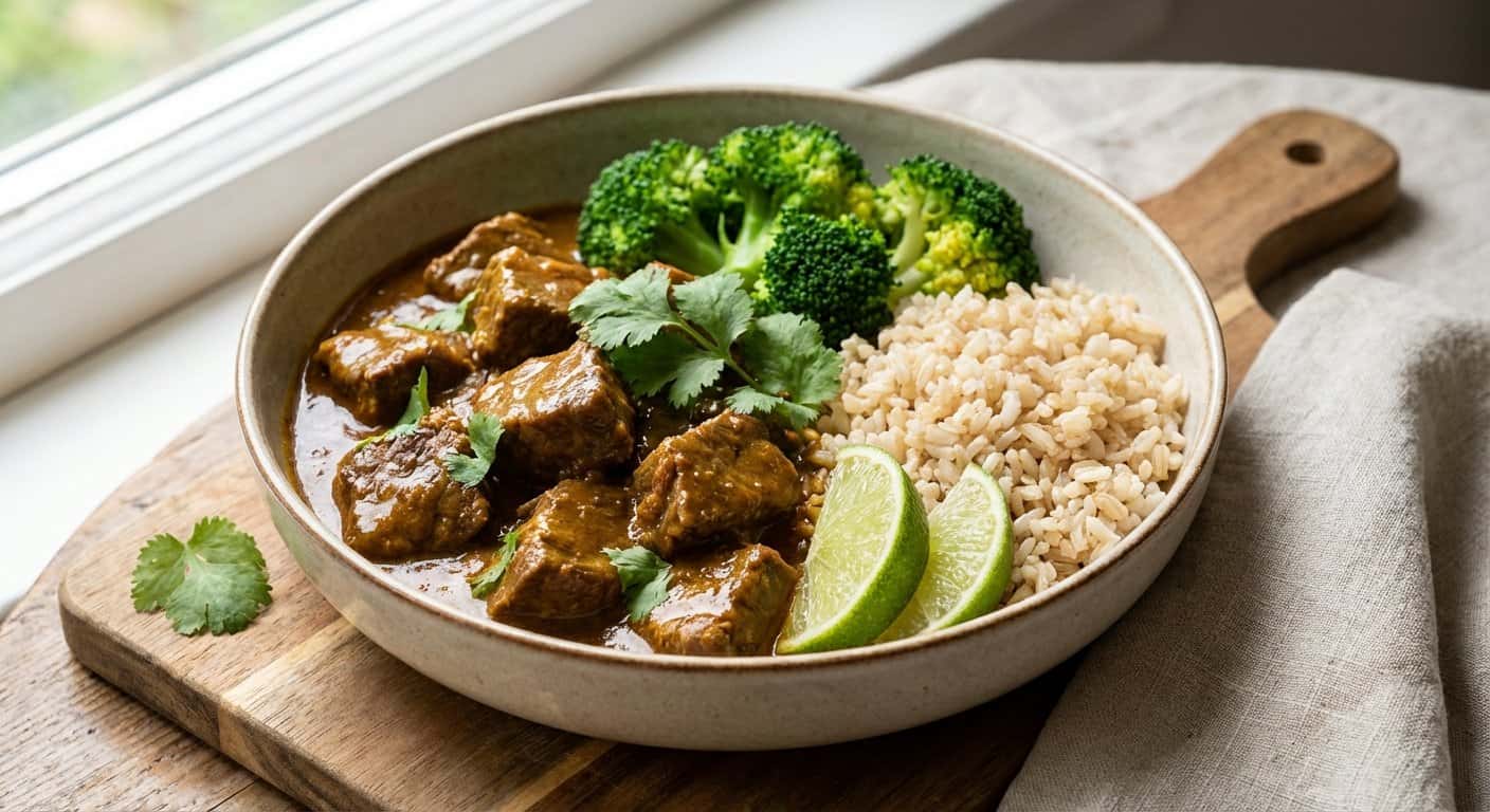 Ternera al Curry con Especias, Brócoli y Arroz Integral