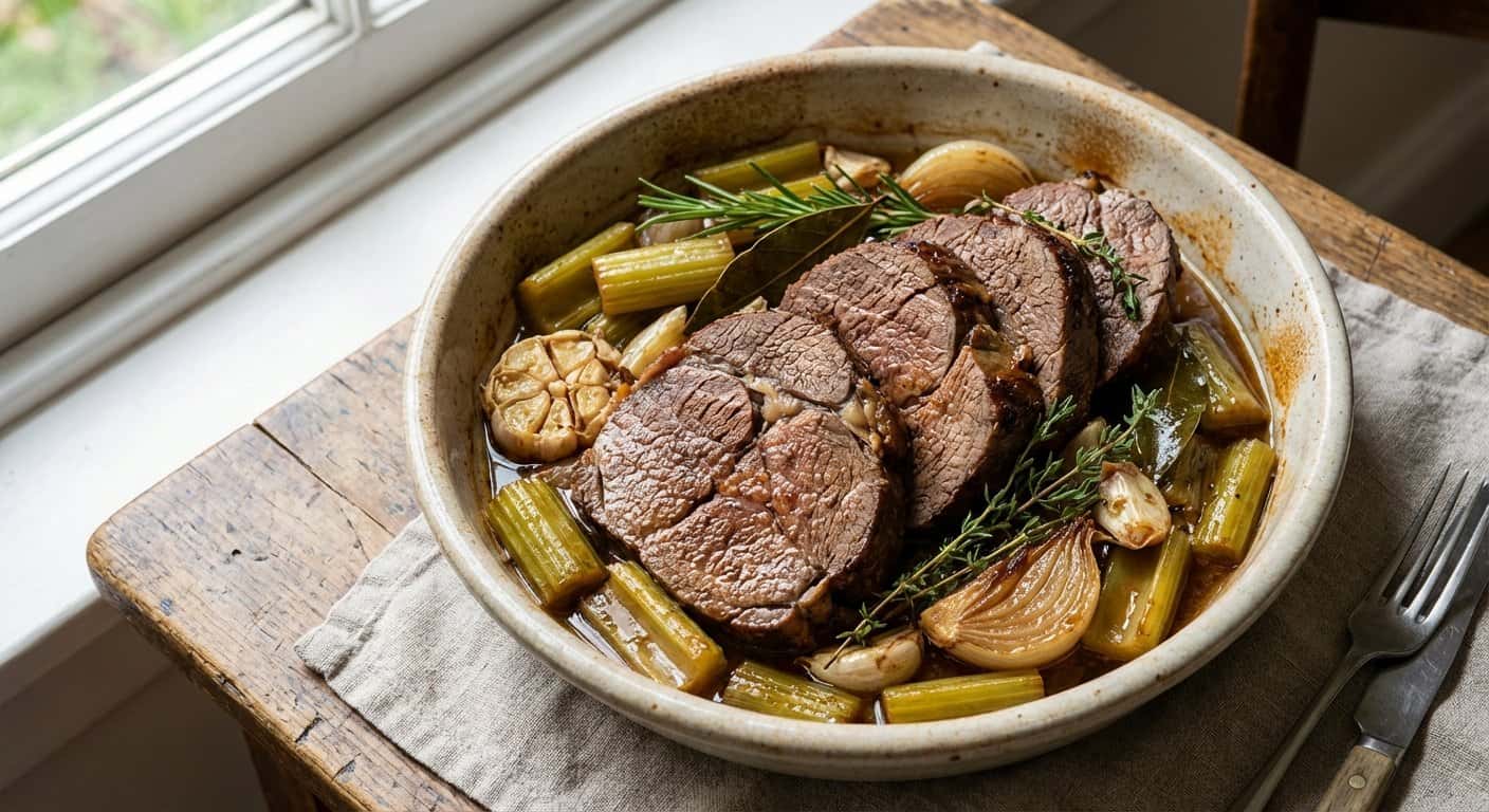 Ternera al horno con apio y hierbas