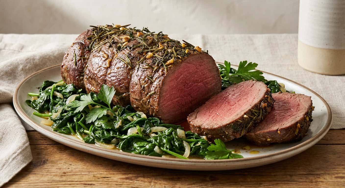 Ternera al horno con espinacas y hierbas