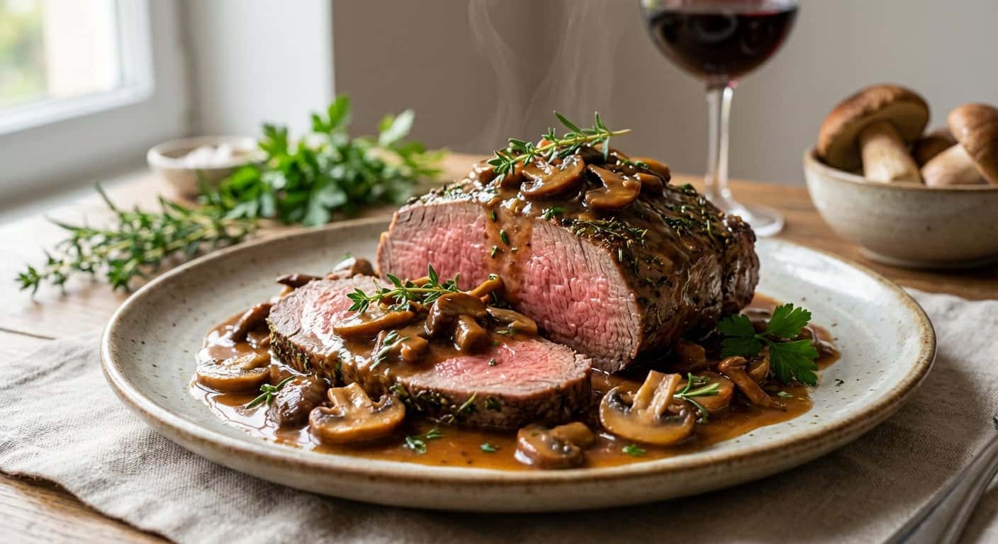 Ternera al horno con setas y hierbas