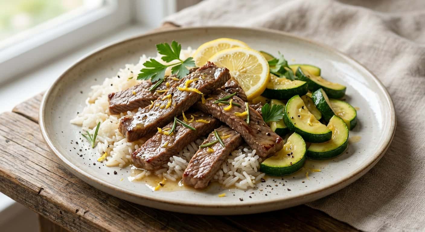 Ternera al Limón con Calabacín y Arroz Basmati