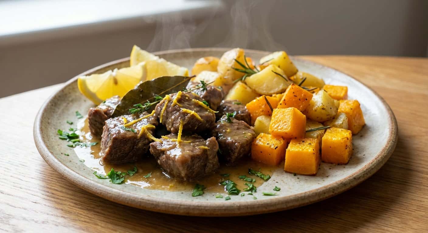Ternera al Limón con Calabaza y Patata Cocida