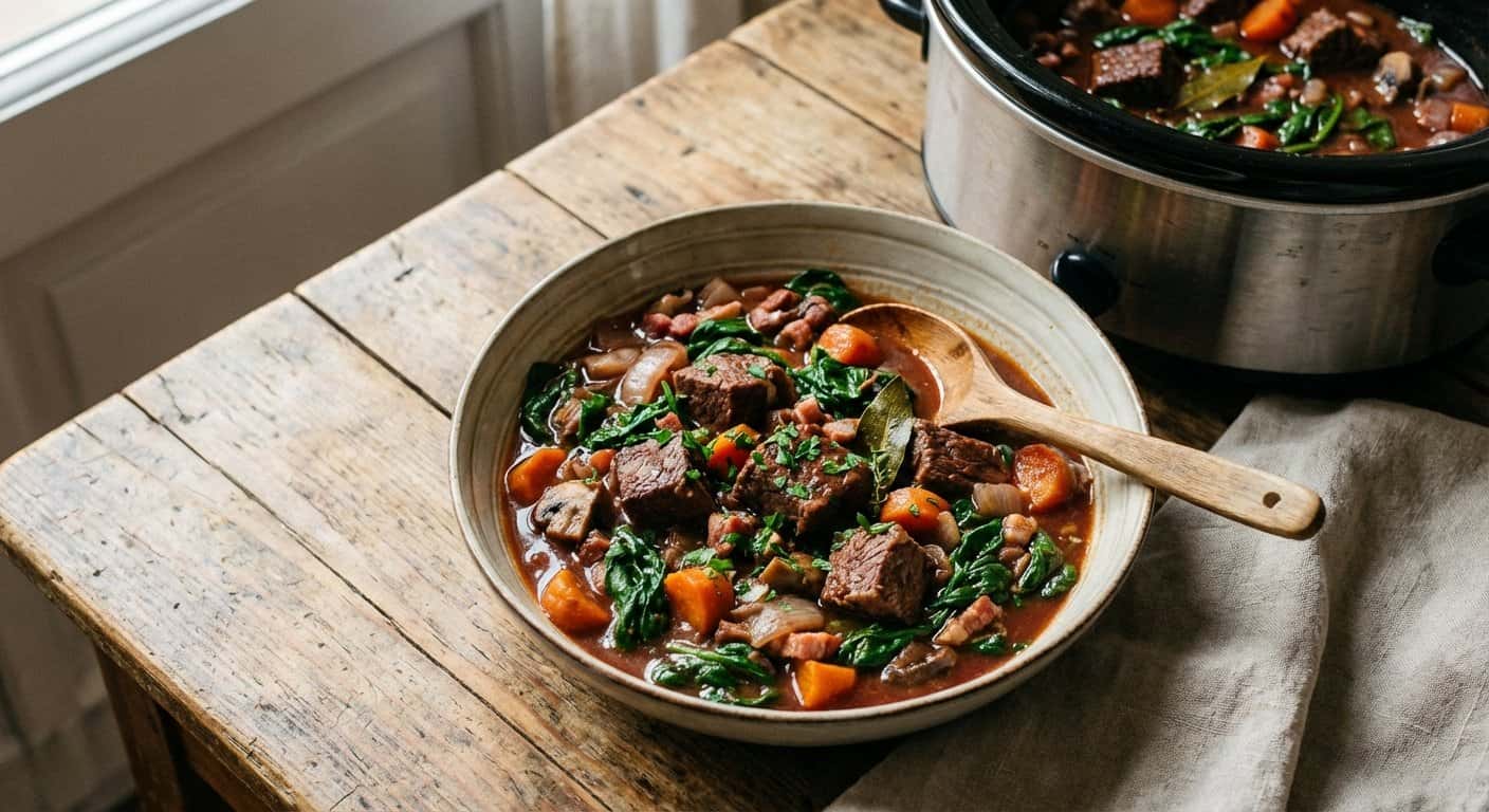 Ternera Bourguignon con Espinacas en Slow Cooker