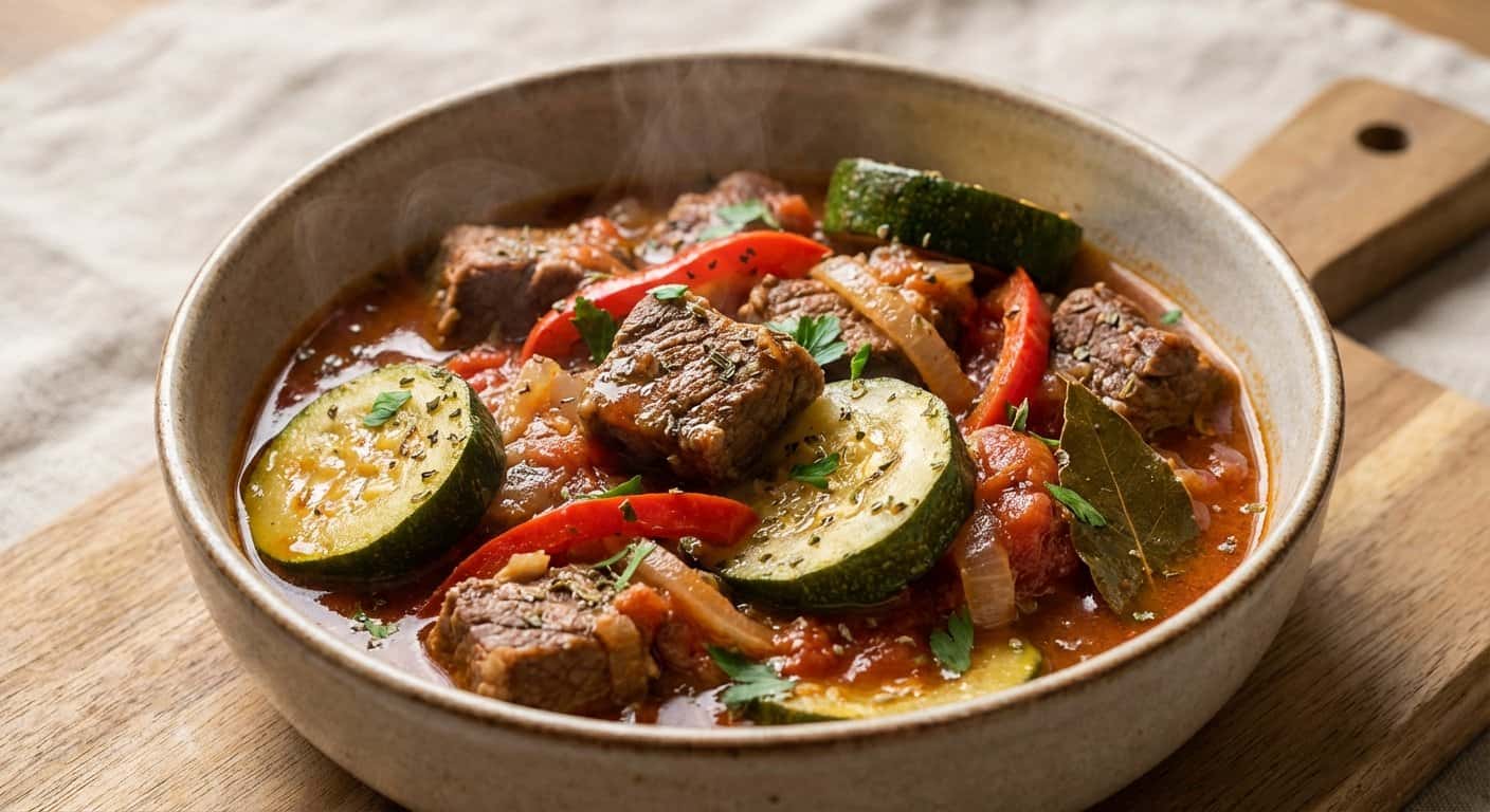 Ternera Guisada Ligera con Calabacín y Orégano