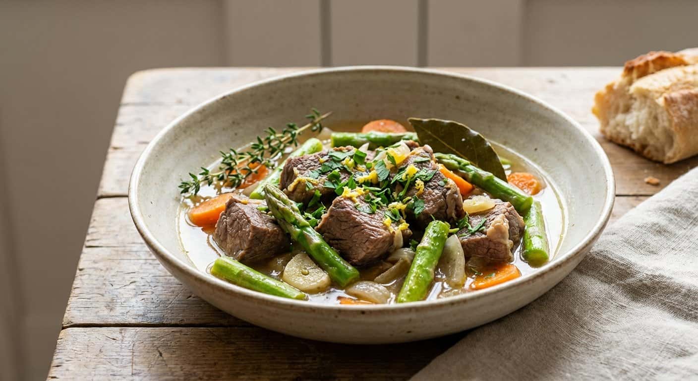 Ternera Guisada Ligera con Espárragos y Perejil