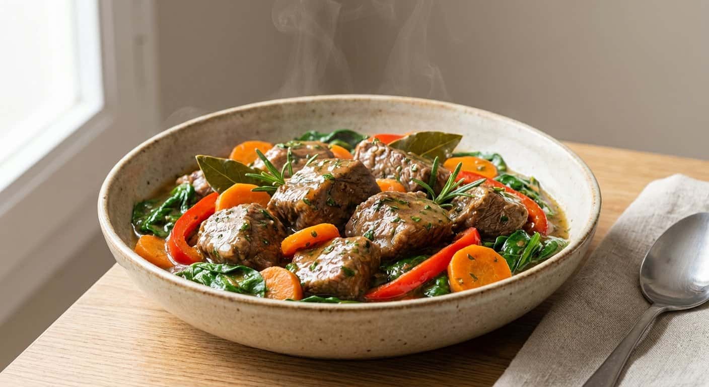 Ternera Guisada Ligera con Espinacas y Romero