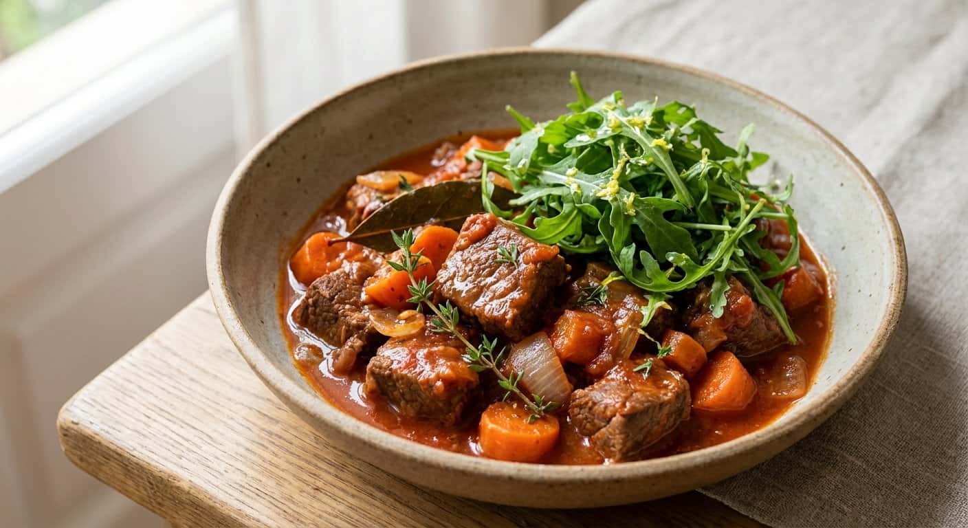 Ternera Guisada Ligera con Rúcula y Tomillo