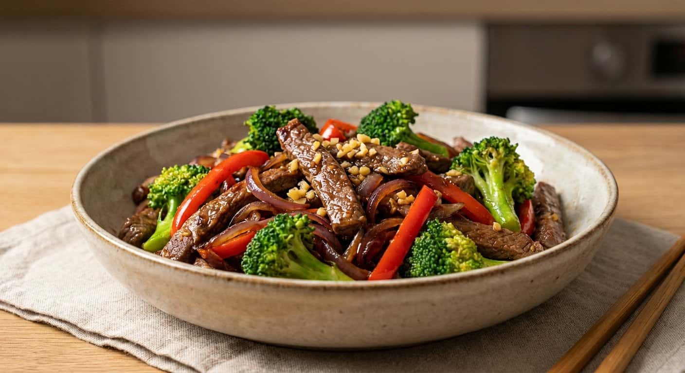 Ternera Salteada con Brócoli y Pimentón Dulce