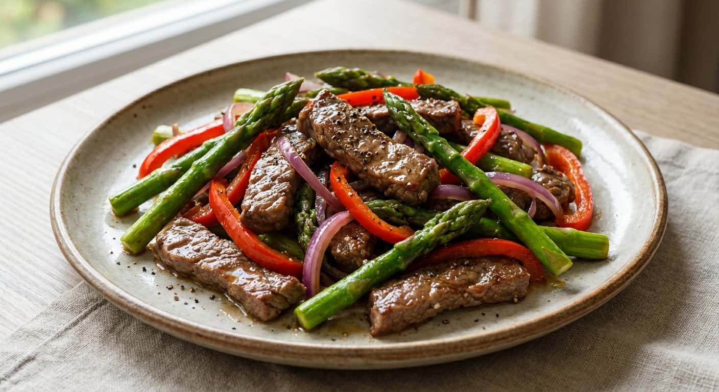 Ternera Salteada con Espárragos y Pimienta Negra
