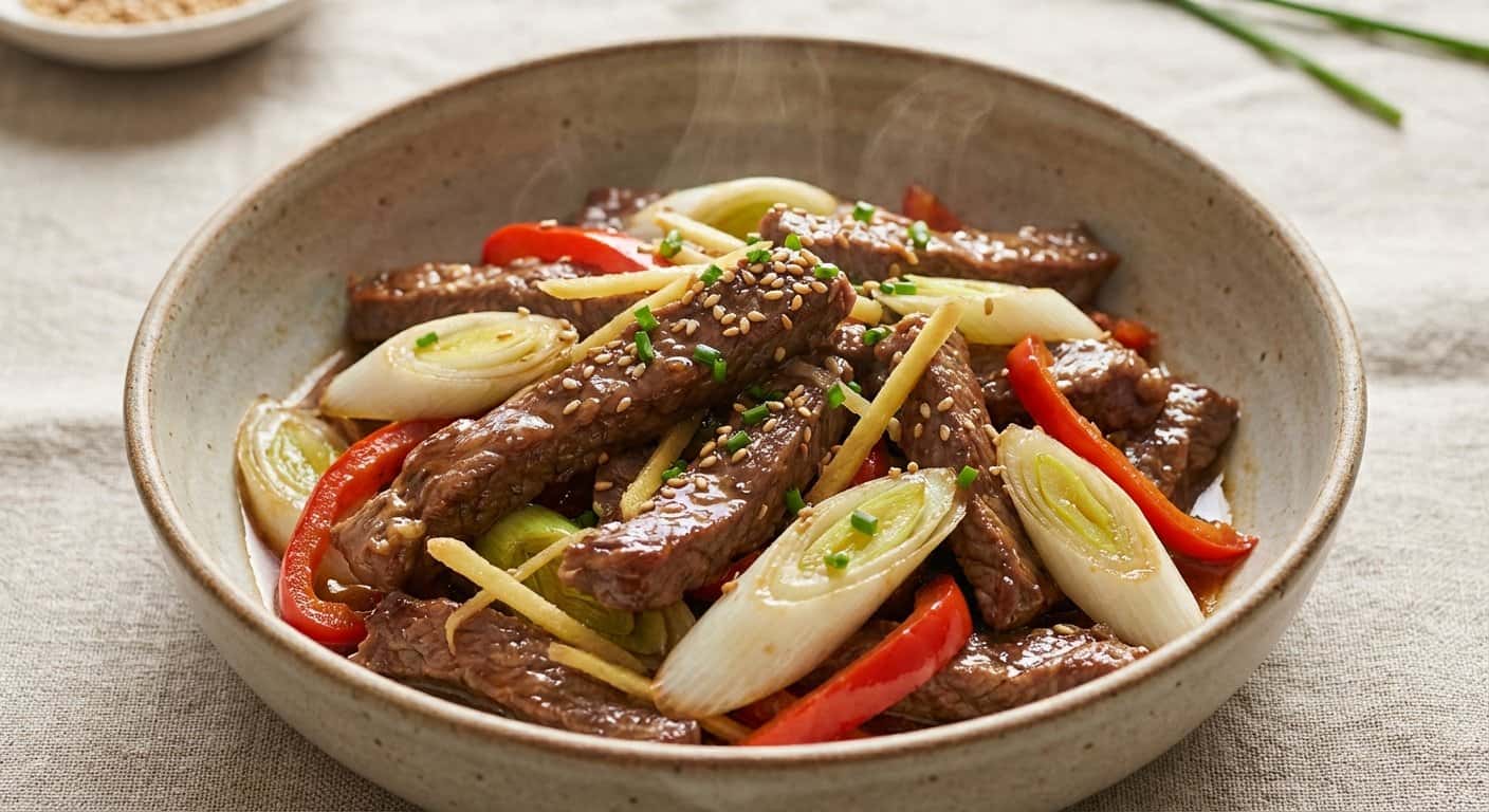 Ternera Salteada con Puerro y Jengibre