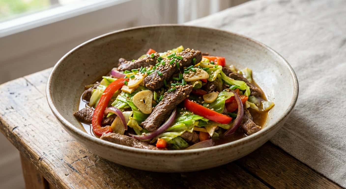 Ternera Salteada con Repollo y Comino